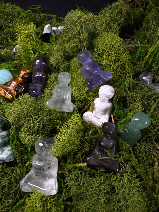 A collection of polished mini crystal alien carvings displayed among vibrant green moss and lichen. The small seated figures are carved from a variety of gemstones, including clear quartz, amethyst, green aventurine, howlite, tiger’s eye, black obsidian, and other natural stones, creating a whimsical woodland display with earthy textures and rich natural colors.