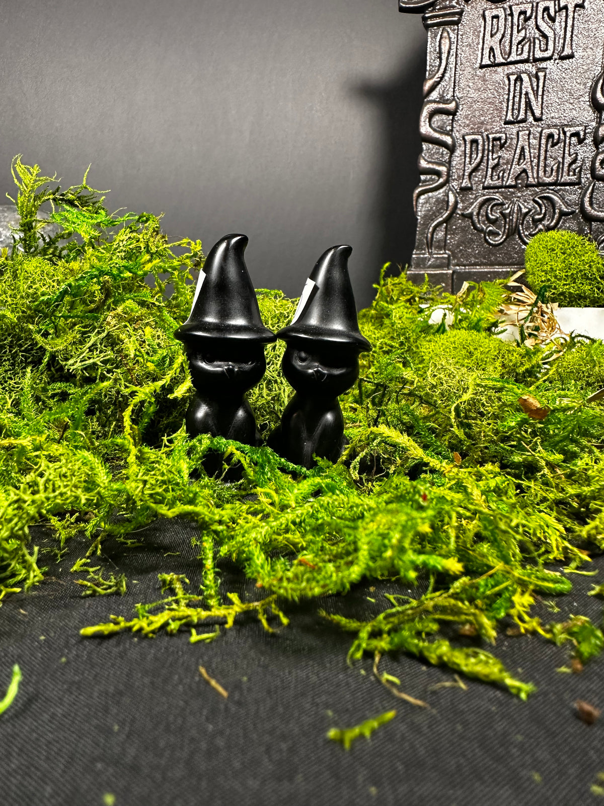 Small polished obsidian witch cat carvings with pointed witch hats displayed on a bed of vibrant green moss. The glossy black cats sit side by side against a gothic backdrop featuring a decorative “Rest in Peace” tombstone and preserved moss, creating a spooky Halloween-inspired display.