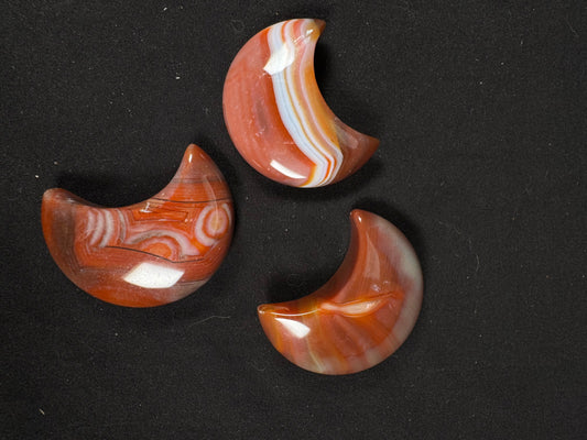 Three polished sardonyx crescent moon carvings displayed on a black fabric background. Each moon features unique natural banding in warm shades of reddish-brown, orange, cream, and white. One moon has bold white and orange stripes, another showcases intricate circular and layered patterns, and the third has soft flowing bands with translucent gray edges. The glossy finish highlights the distinctive colors and patterns of each individual carving.